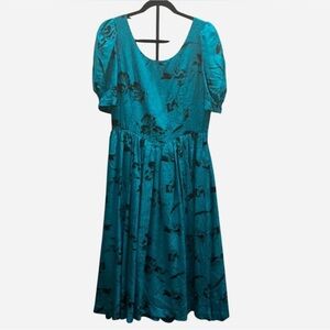 ✨ Vintage Teal Satin Floral Dress w/ Bow Back ✨